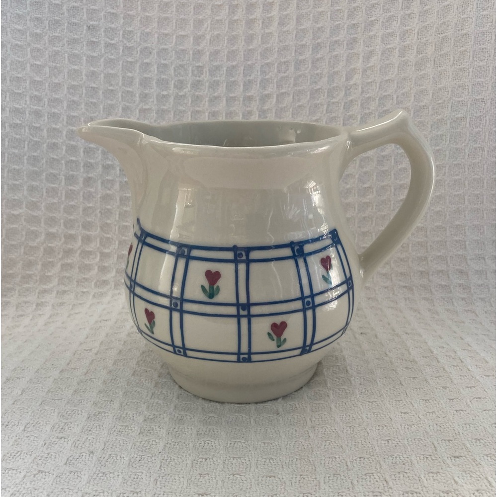 Hartstone USA Pottery Pitcher With Plaid &  Heart Shape Flowers